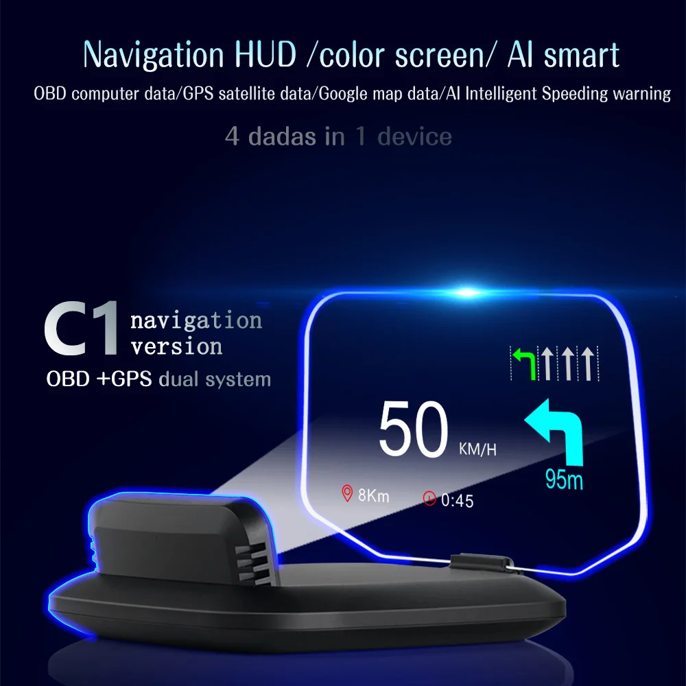 HD C1 OBD2 HUD Car Head Up Display GPS Navigation Projector Digital Speed Gauge KMH MPH Overspeed RPM Alarm Plug and Play