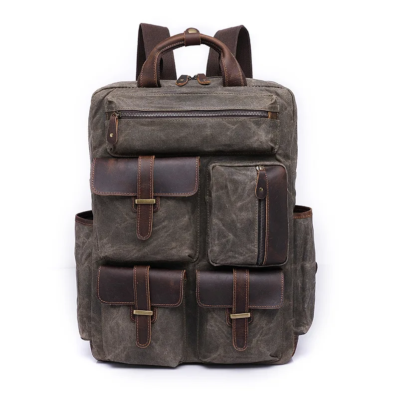 Vintage Large Capacity Travel Outdoor Waterproof Leisure Sports Vintage Notebook Waxed Canvas Men's Backpack