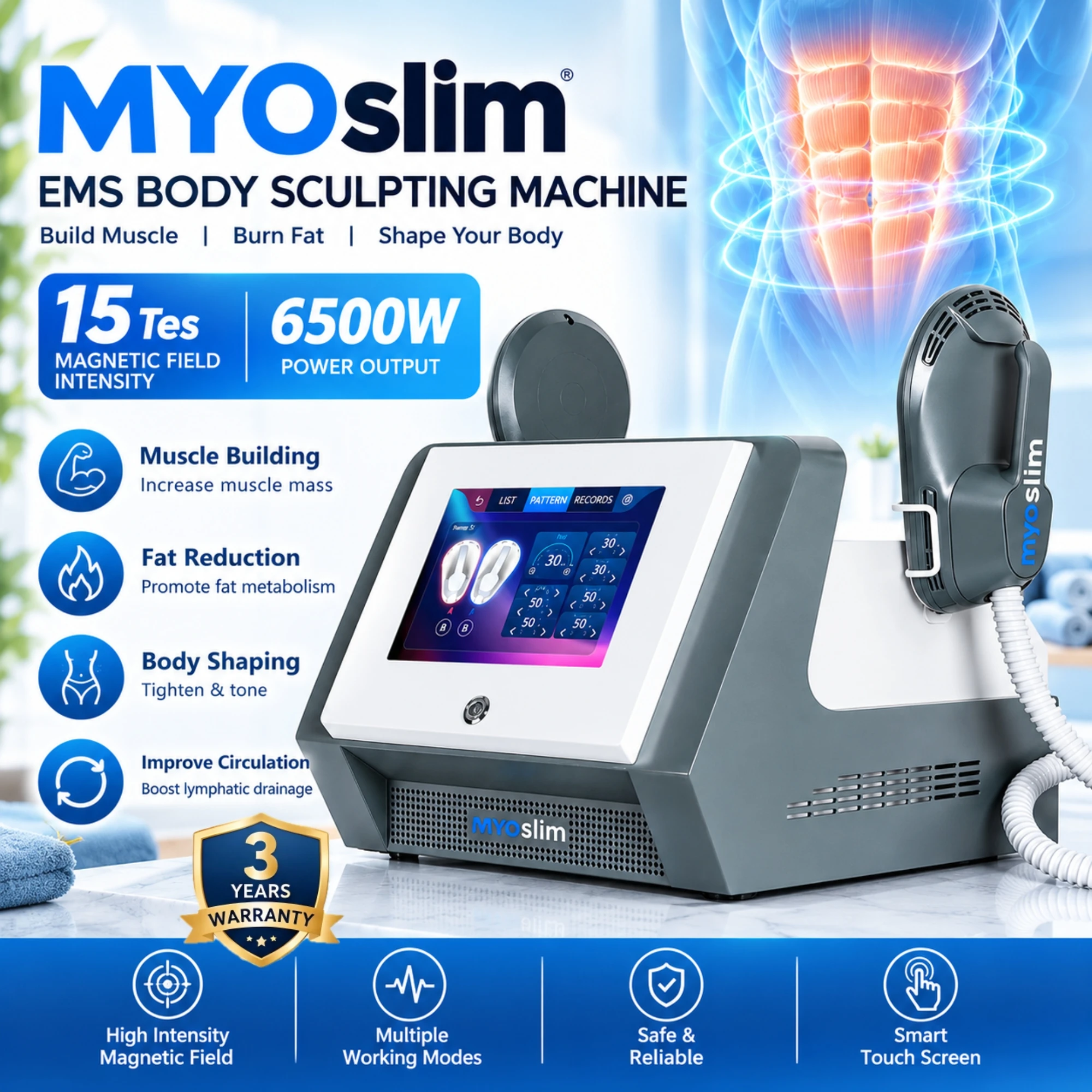 MYOslim EMS Body Sculpting Machine HI-EMT Muscle Stimulator Body Contouring Ab Toning Equipment for Home Personal Fitness