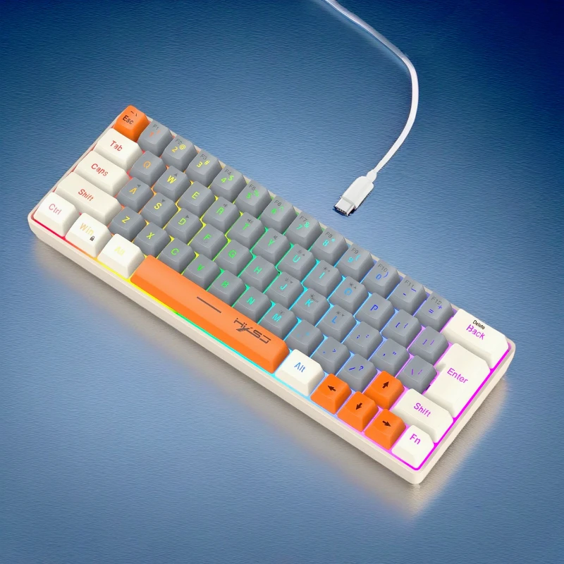 Keyboard RGB USB Wired 63 Keys Gaming Gamer Compact Mini PC Keyboards for Trips, Office, Games Business Key Board (Grey & Orange