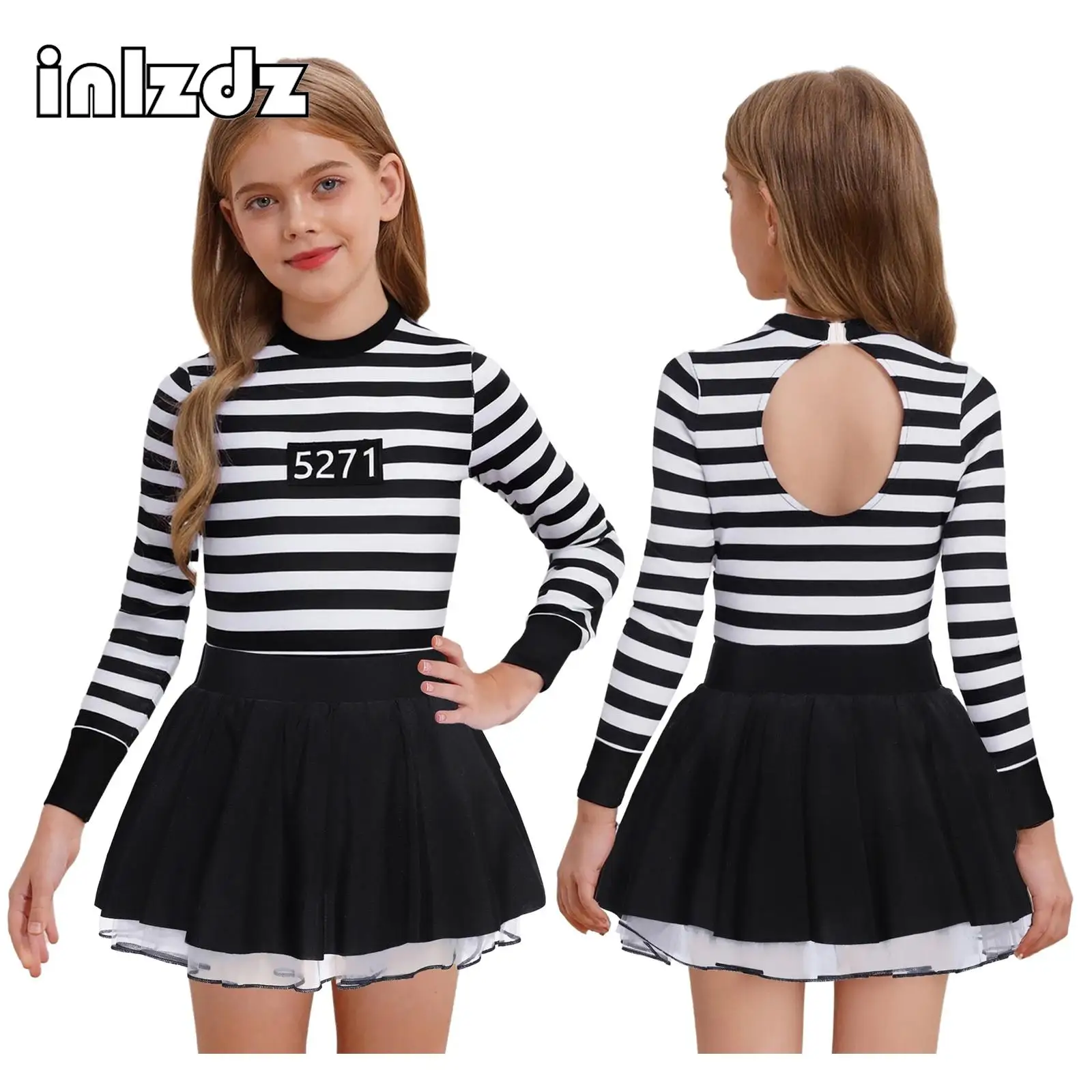 Girls Striped Puffy Dress Prisoner Cosplay Costume Halloween Black White Jailbird Inmate Dress One Piece Prison Overalls Uniform