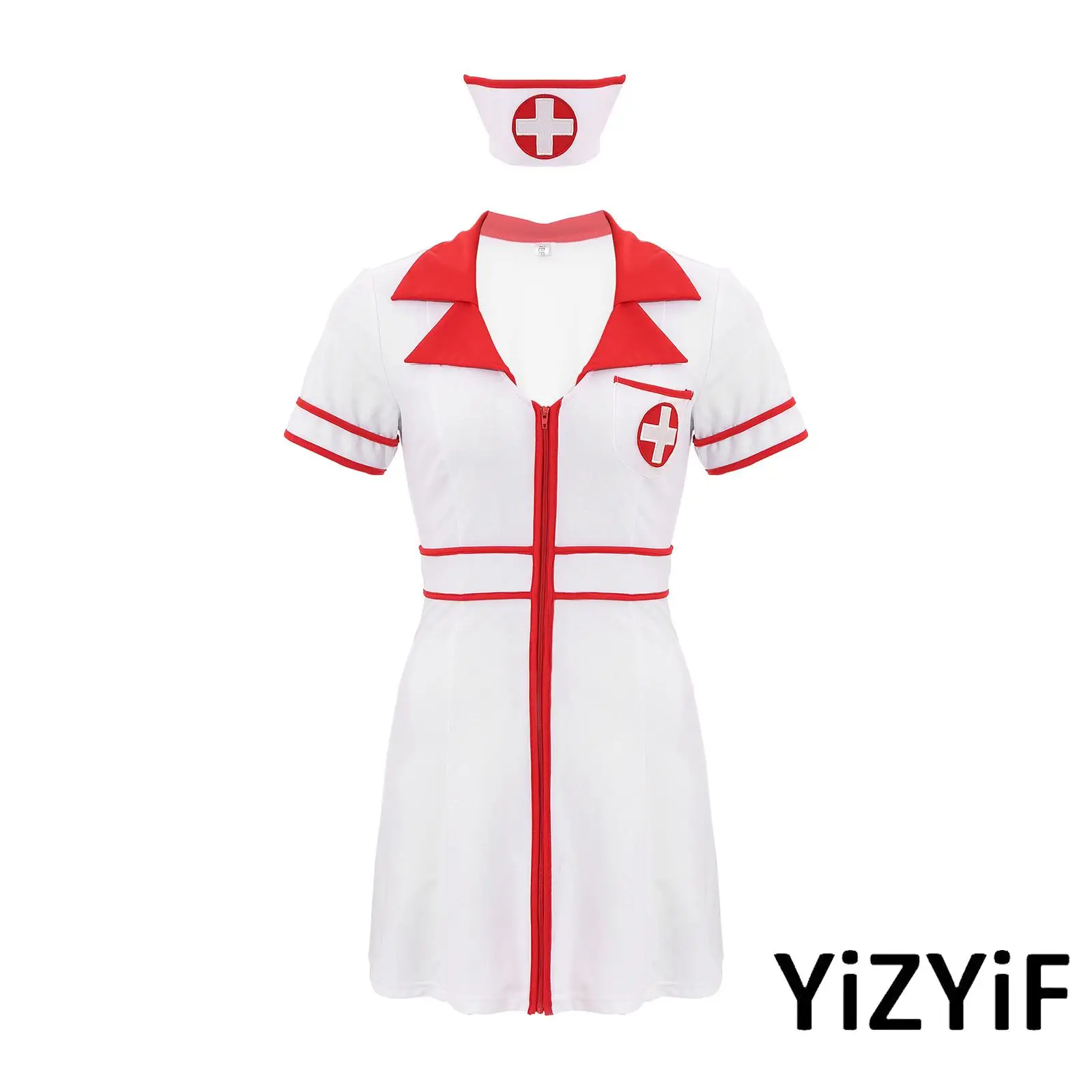 Womens Nurse Dress And Hat 2-Piece Dress-up Costumes Short Sleeve Front Zipper Dress with Headwear for Halloween Christmas
