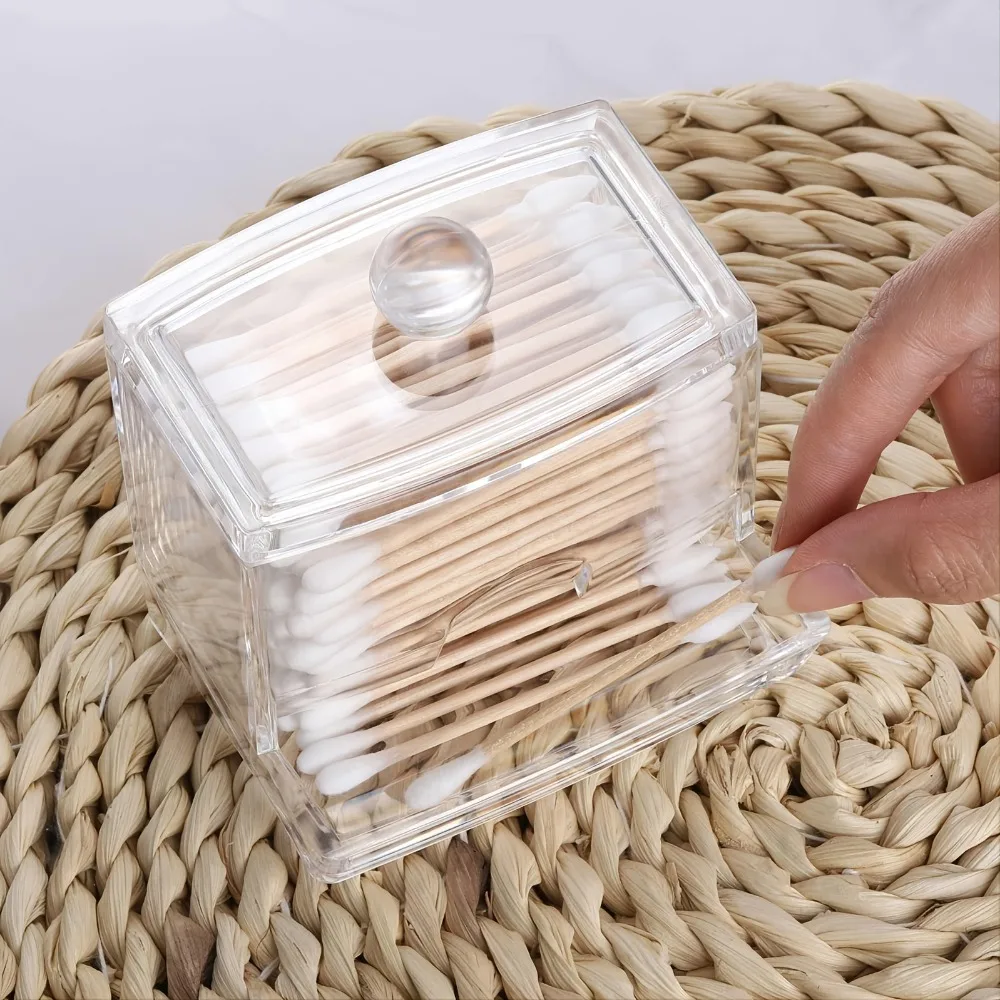 Acrylic Storage Box Bathroom Jar Makeup Organizer Cotton Round Pad Holder Cotton Swab Box Holder Dispenser with Bamboo Lid