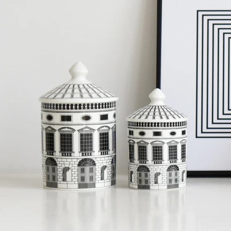 Black White Ceramics Jar Building Storage Jars Candy Box Delicate Desktop Jewelry Cosmetic Storage Jar Cotton Swab Bottle