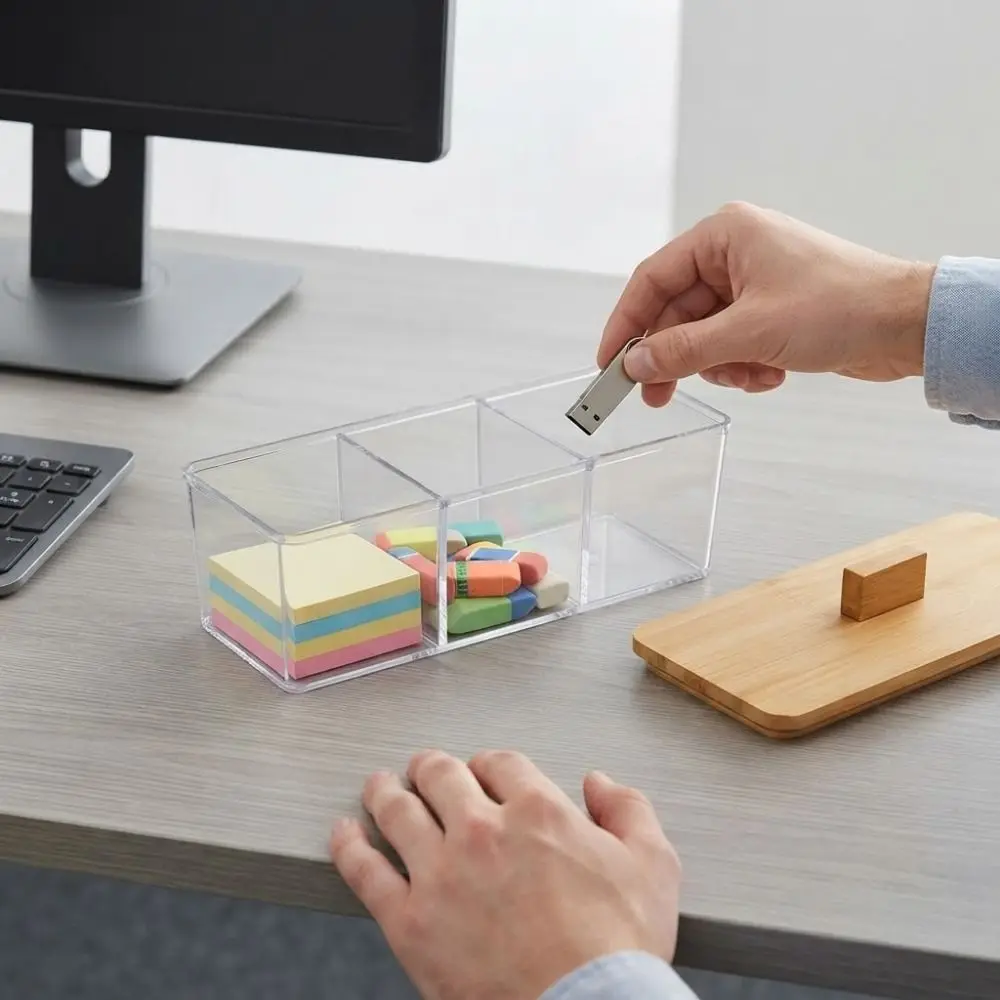 Plastic 3 Grids Storage Box Transparent Bamboo Cover Laundry Pod Storage Box Rectangular Space Saving Cotton Swab Holder