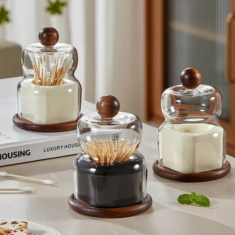 Solid Wood Ceramic Toothpick Box Home Creative Dental Floss Cotton Swab Storage Jar Glass Ceramic Toothpick Jar with Lid