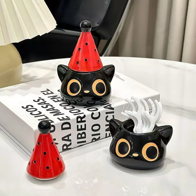 Christmas cat storage ornament, home high-value ceramic dental brush tube, creative ornament, dental floss, cotton swab box