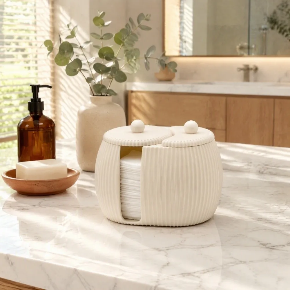 3D Printed Cosmetics Storage Box Striped Pattern Minimalist Cotton Swab Box Dual Compartment Plastic Cotton Pad Holder