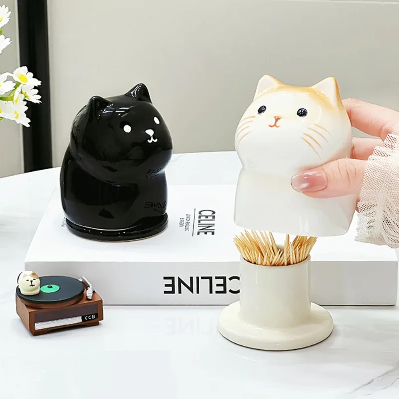 Korean Cartoon Cat Ceramic Toothpick Bucket Lucky Cat Cotton Swab Dental Floss Storage Box Coffee Table Decorative Ornaments