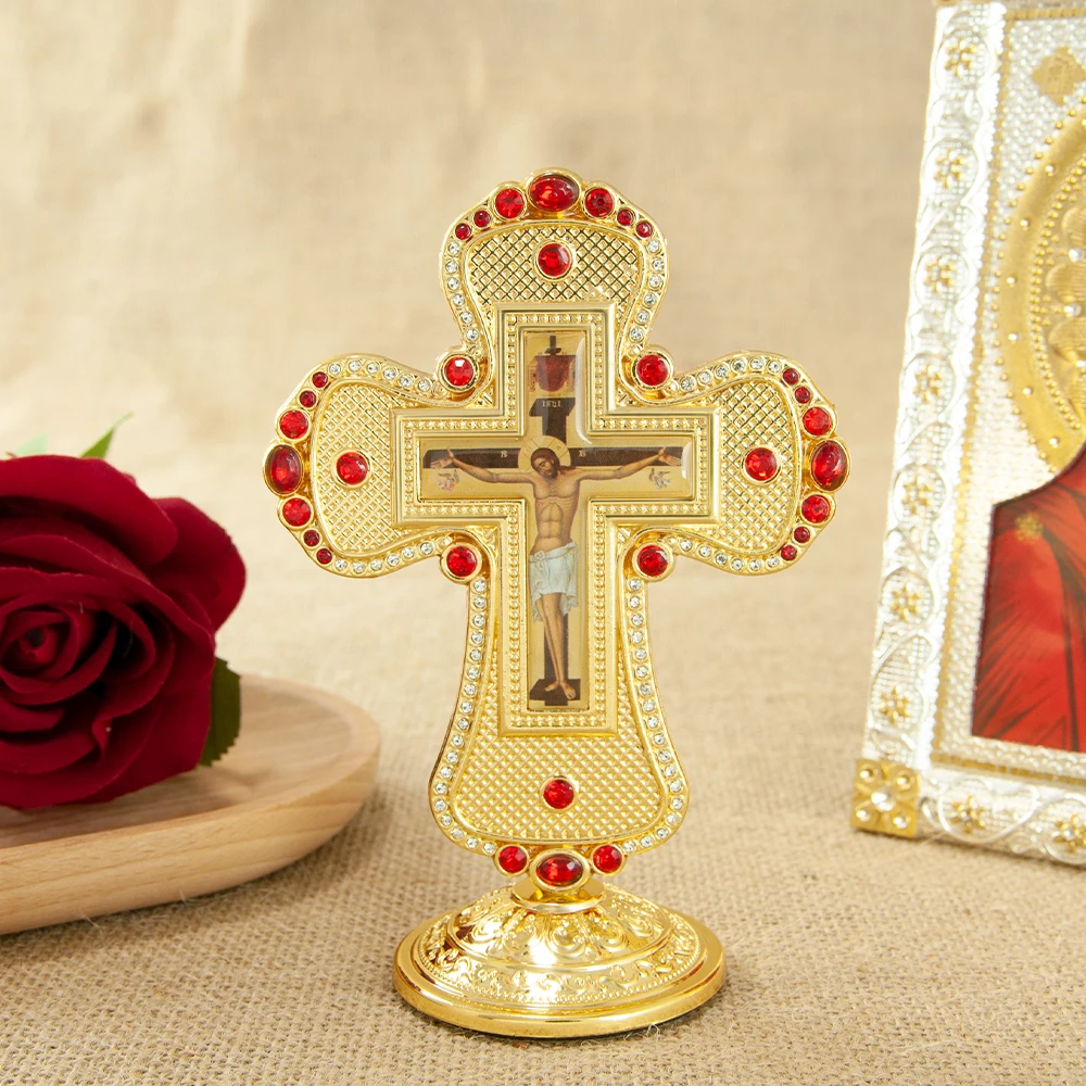 HTISOK Zinc Alloy Christian Cross Jesus Red Rhinestones 4.5 Inch Christian Home Church Altar Desktop Decor Religious Gift