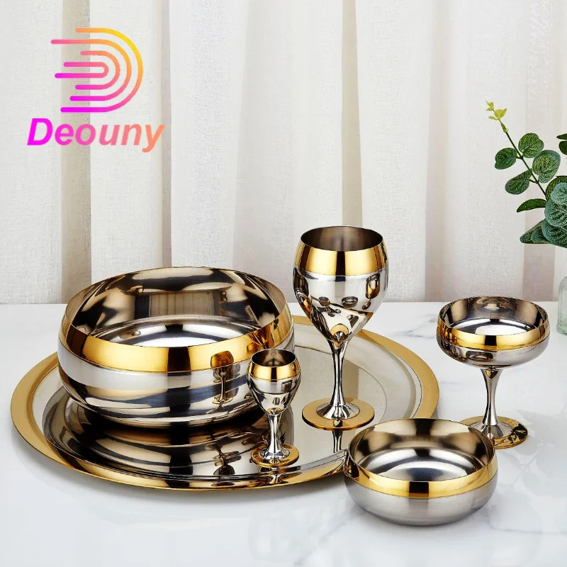 DEOUNY 304 stainless steel gold edged wine glass, bowl, dish, cup set, Bar supplies whiskey glass set Bar tools