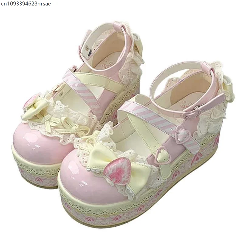 2025 Sweet Girls Lolita Flat Platform,Female Students Lace Strawberry Bowknots Cute Marry Jane Elevator Shoes