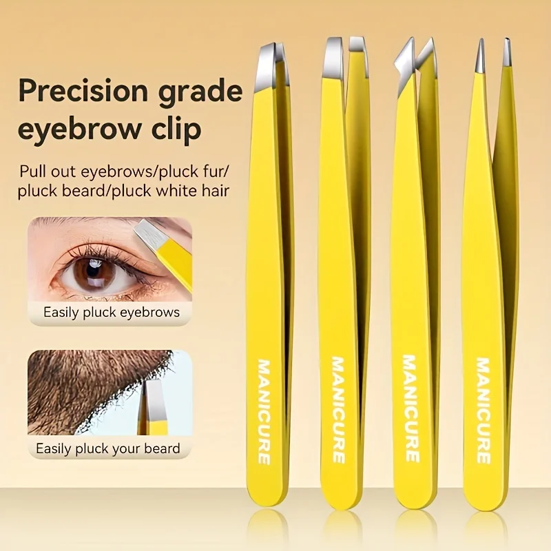 Stainless Steel Slanted Brow Clips 4 Pcs Set High-Quality Eyebrow Tweezer for Fine Hairs Removal Hair Beauty Makeup Tools