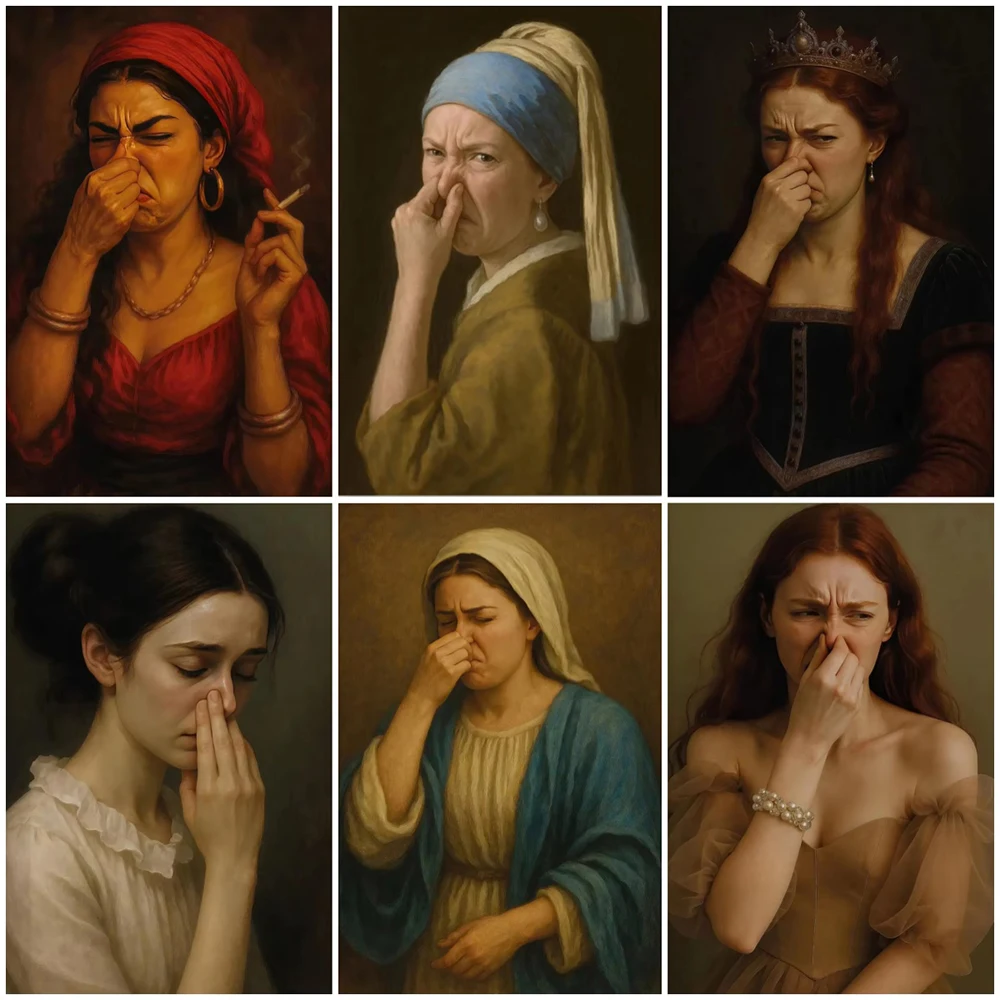 Funny Bathroom Girl with Pearl Canvas Wall Art Vintage Poster And Prints Mona Lisa Holding Nose Toilet Humor Decor Painting