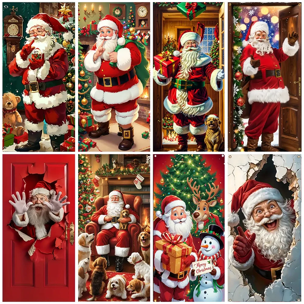 Christmas Humorous Santa Claus And Elk Door Banner Party Decorations Indoor Outdoor Veranda Door Cover Supplies Festive Gifts
