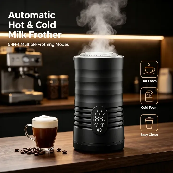 Electric Milk Frother 5-in-1 Hot Cold Foam Maker 400W Auto Milk Heater Temp Display for Home Coffee Latte Cappuccino Chocolate