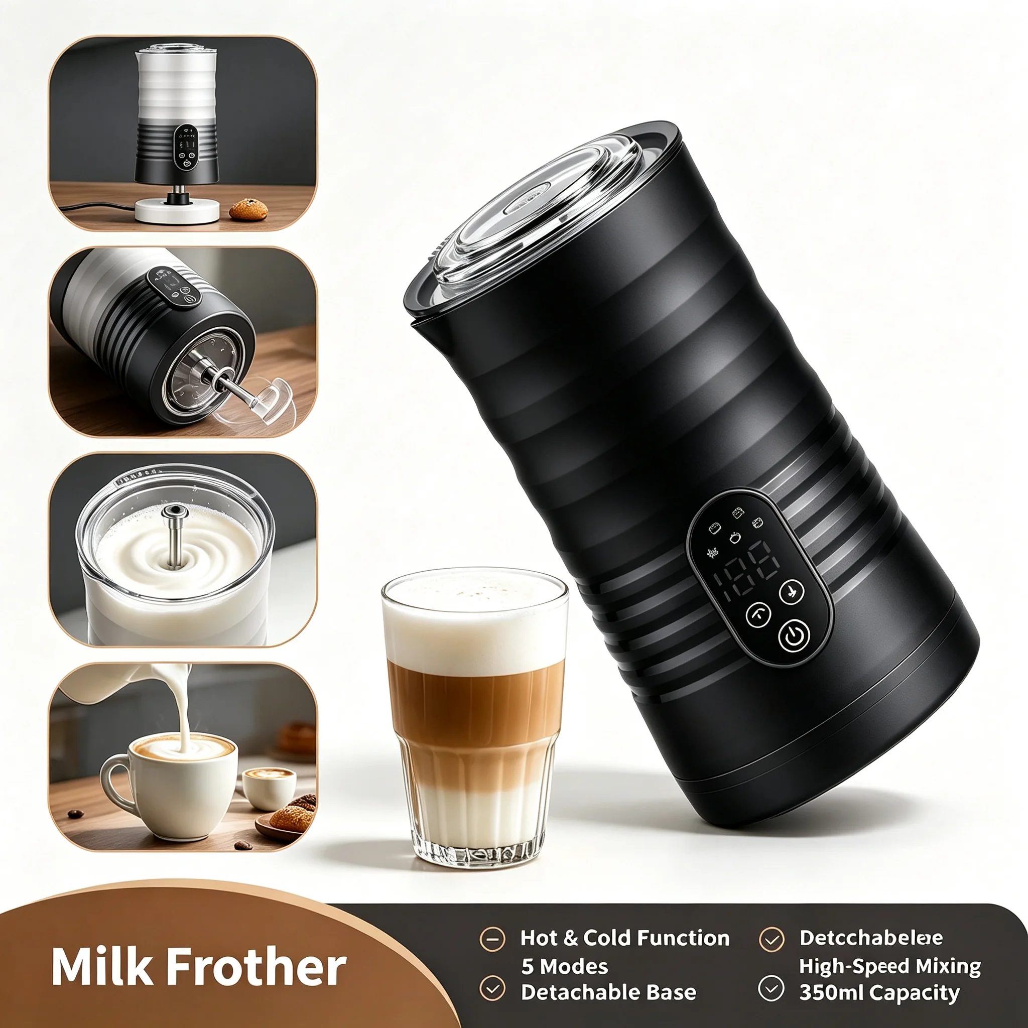 5-in-1 Electric Milk Frother 400W Automatic Hot Cold Foam Maker Adjustable Temperature Steamer for Coffee Latte Chocolate Home