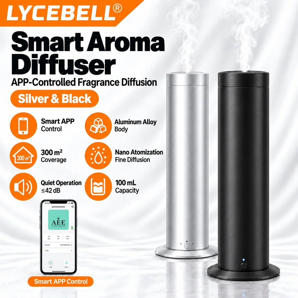HoldPeak Commercial Scent Diffuser, Bluetooth App Control, 300 m² Coverage, 100 ml Tank, Tip-Over Alarm for Hotel, Office & Home