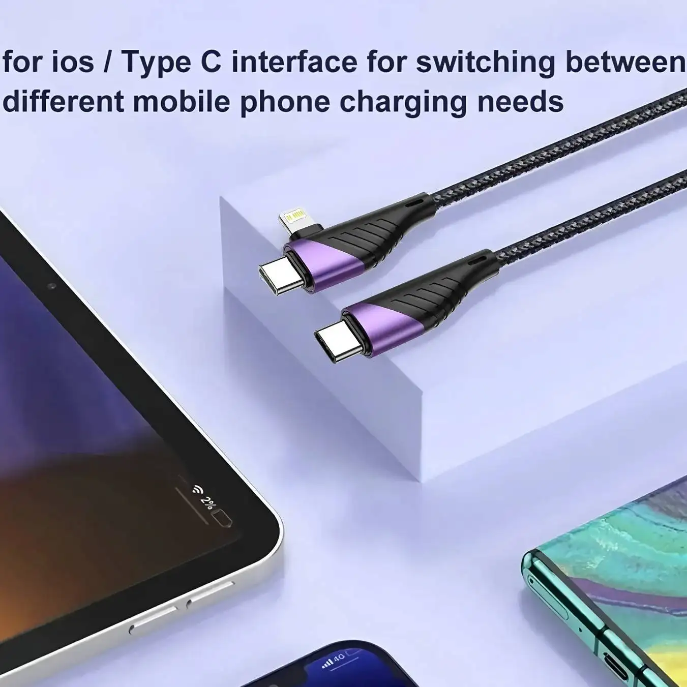 90 Degree Angle 2 in 1 Type C Charger USB Cable Type C Lighting Fast Charge Cable For iPhone 17 16 15 Pro Max iPad Xiaomi Huawei