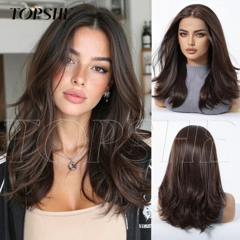 13*6 large-area lace wig for women with bangs, black-brown long straight hair, full head cover