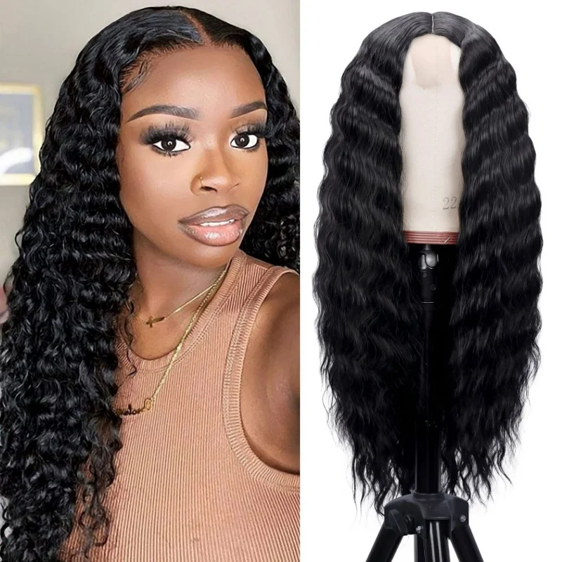 European and American style women's with small lace, 32-inch black long curly , synthetic fiber full head wig