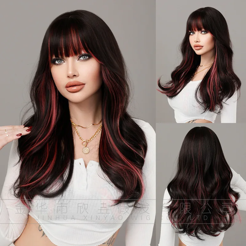 European and American style , black with red highlights, full head , large wavy long curly Lolita wig