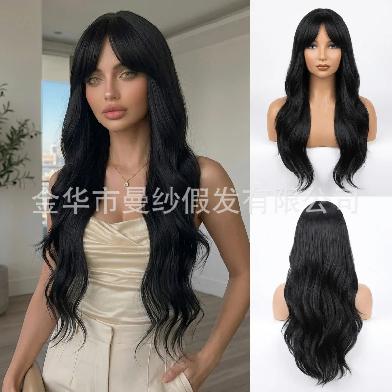Black long curly women with bangs, large waves, matte silk, can be styled, suitable for daily use, full head wig