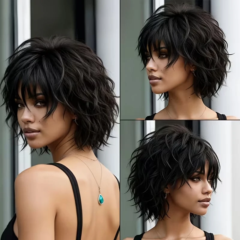 European and American style black short curly for women, high-temperature fiber messy wolf tail full head wig