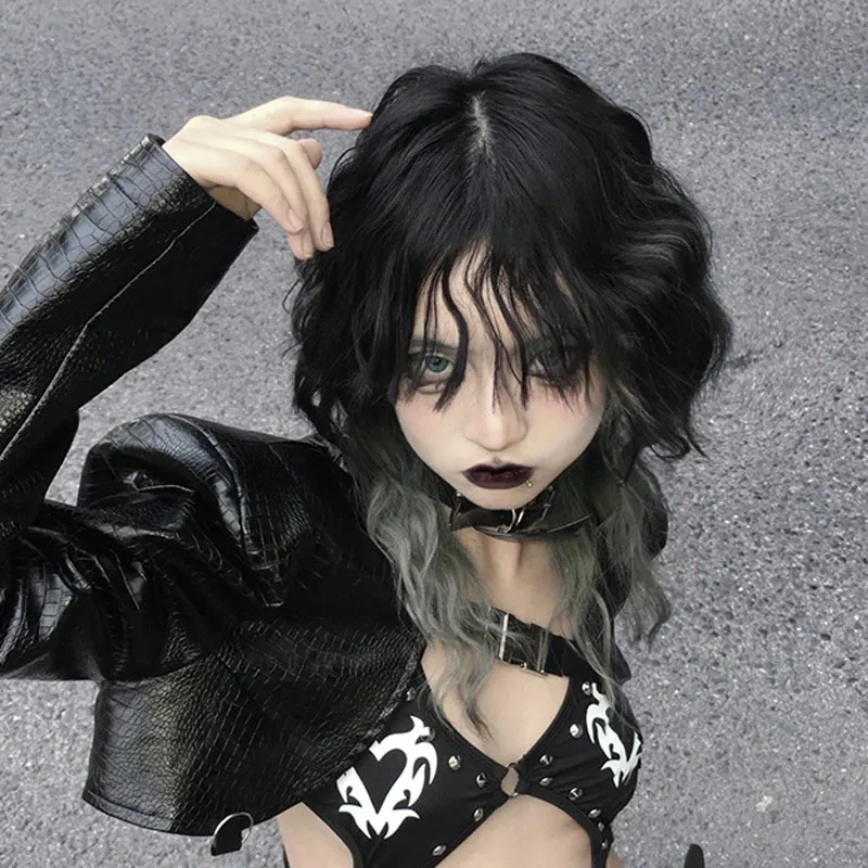 Jellyfish head wig black gray gradual change wool egg roll full head cover female subculture Yabi medium length