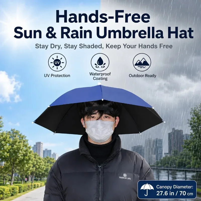 Hands-Free Umbrella Hat, 70cm Sun Rain Head Umbrella with UV Black Underside for Fishing Gardening Walking