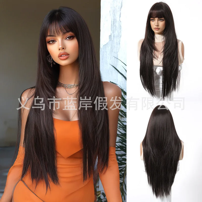 New wig for women, pure desire style with air bangs, 30-inch black-brown layered long straight hair, full head cover