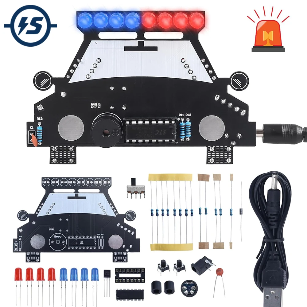 Soldering Practice Project Kit DIY Electronic Car Kit with 8 Red Blue LED 2 Flashing Speeds with Simulated Siren Sound For STEM