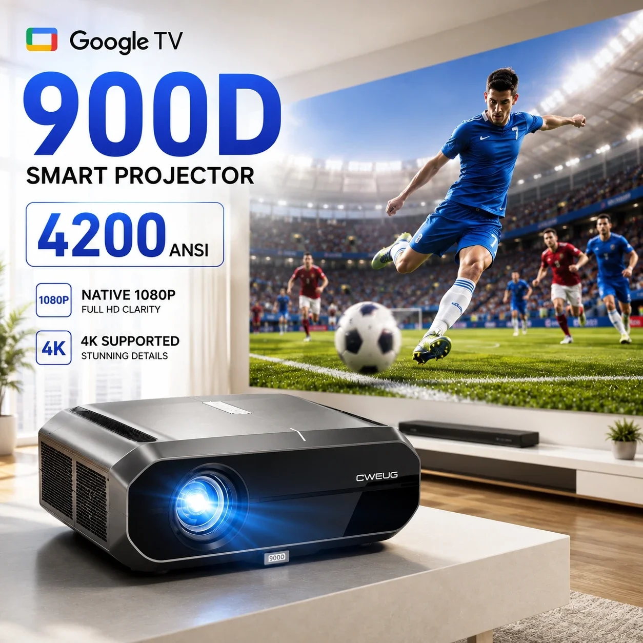 4200ANSI 900D 4K Supported Projector Native 1080P Smart Google TV WiFi 6 TOF Auto Focus Auto Keystone Home Theater Dual Speakers