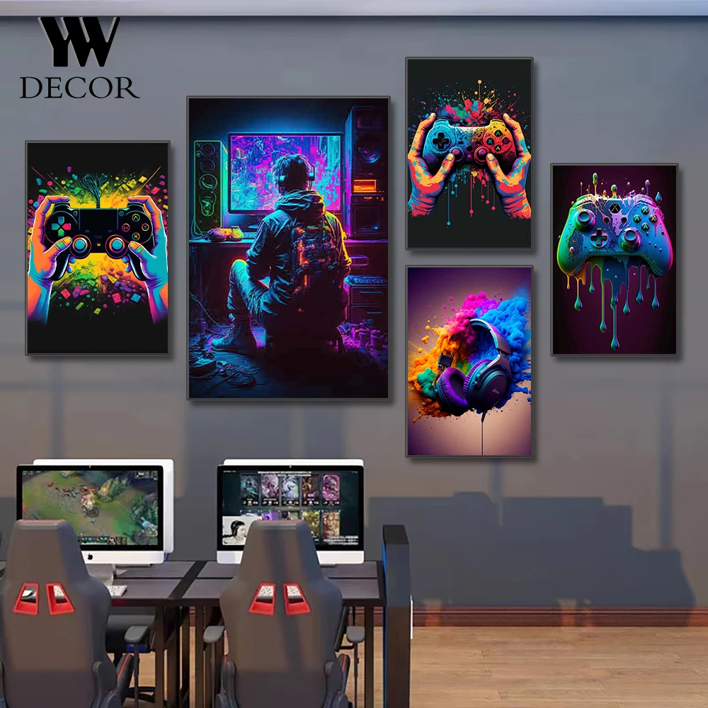 Abstract Colorful Neon Gamer Controller Poster Canvas Painting Wall Art Prints Pictures For Gaming Room Decoration Gifts