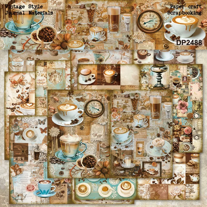 Vintage Coffee Cup Clock Bean Collage Print 6x6 Scrapbook Paper Pad Cardstock DIY Journal Craft Album Handmade Decor