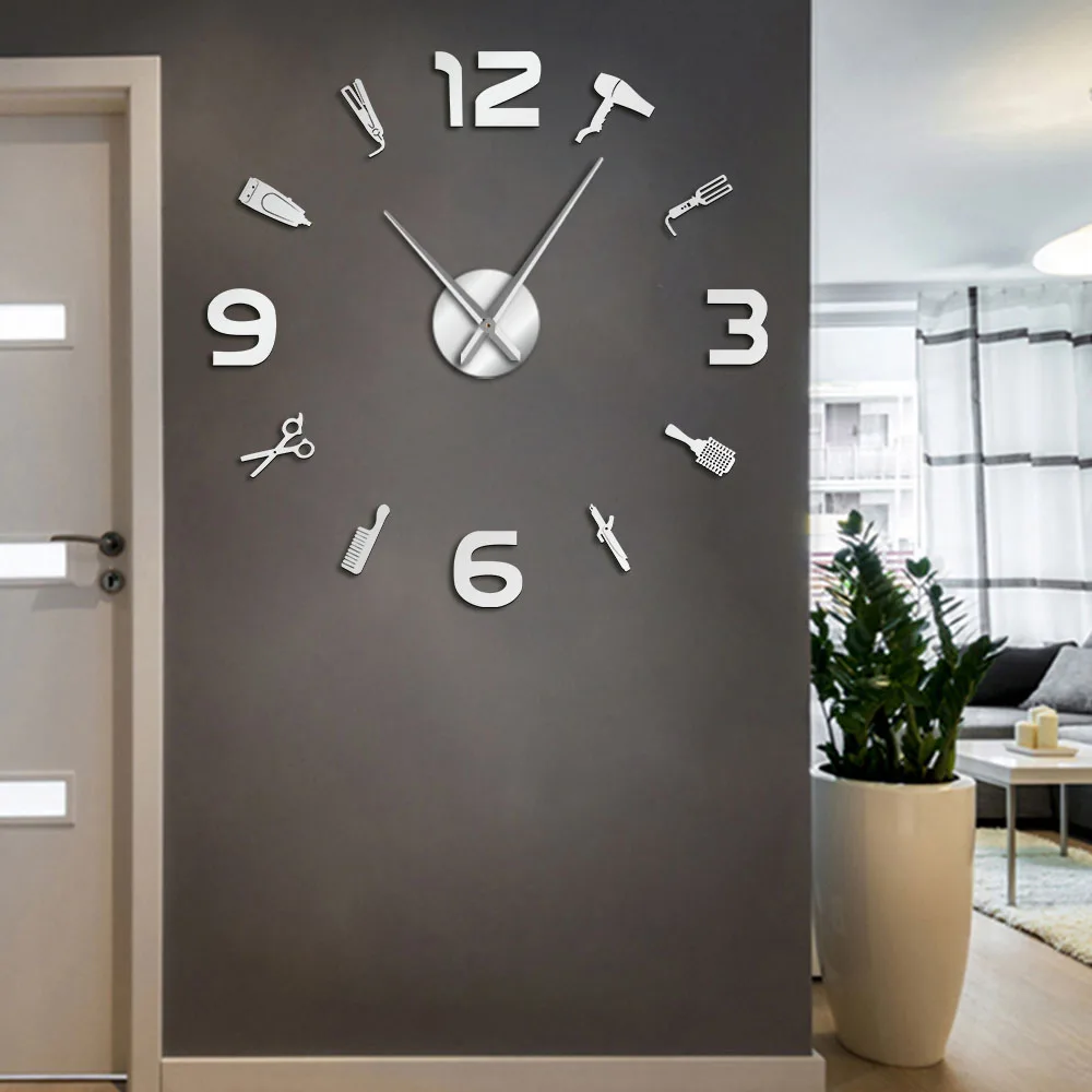 Barber Accessories DIY Large Wall Clock Acrylic Mirror Effect Wall Art Barber Shop Tools Frameless Large Wall Watch Non Ticking
