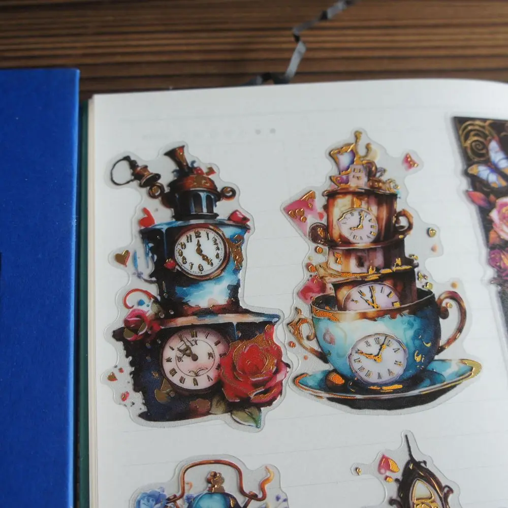 10pcs Gold Alice Story Clock Sword Afternoon Tea Cup Style Sticker Scrapbooking DIY Gift Packing Label Decoration Tag