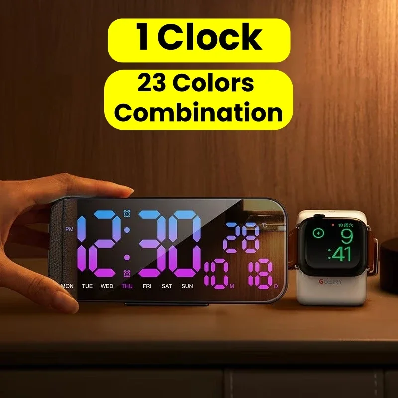 RGB LED Digital Color Changing Alarm Clock with 23 Colors Desktop Decor Clock Dual Alarms Bedroom Snooze Clock with Temperature