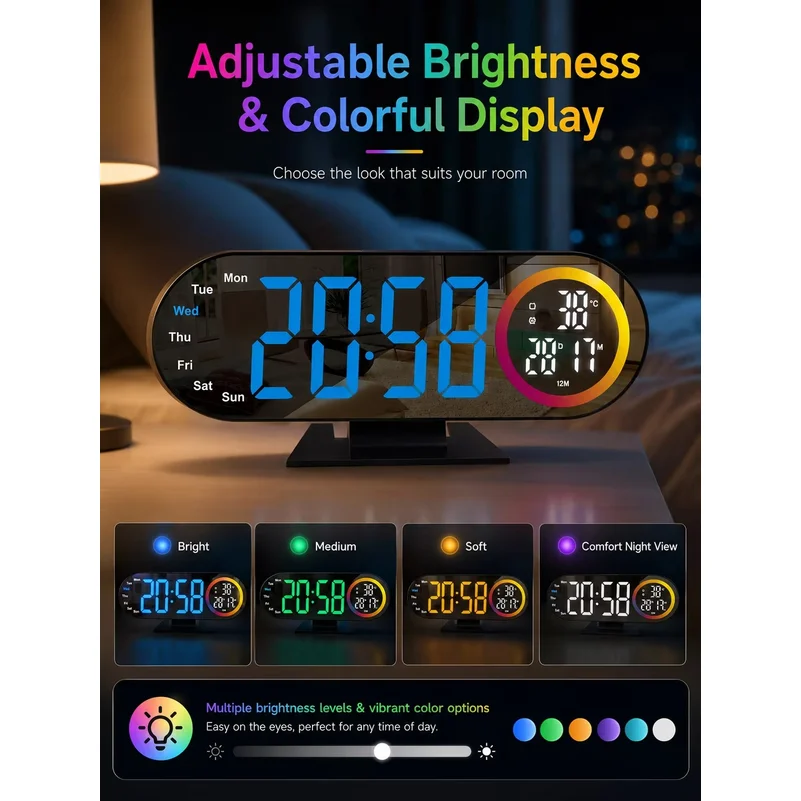 RGB Color Digital Alarm Clock Large LED Mirror Display Temperature Humidity Week Date Dimmable Brightness Bedroom Desk Clock