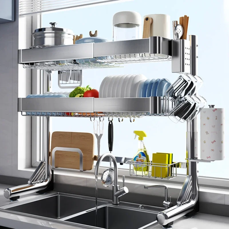 Stainless Steel Kitchen Sink Storage Rack Tabletop Multifunctional Dish Drain Shelf Upper Holder Household Dish Rack