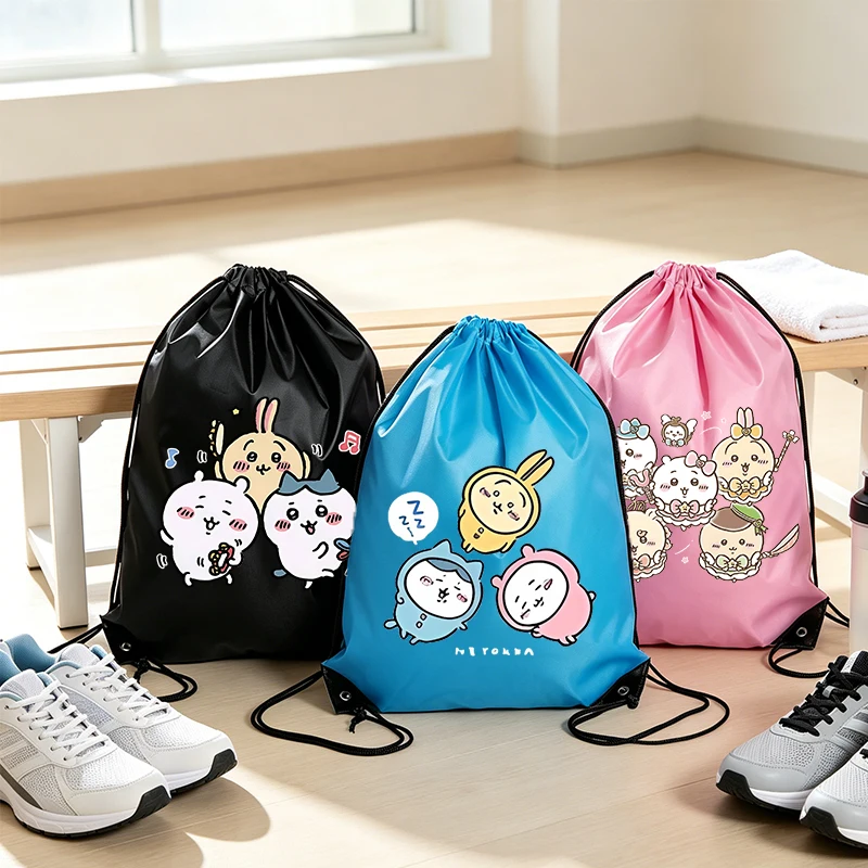 Chiikawas Drawstring Backpack Girl Cute Cartoon Gift Bag Polyester Handbag Woman Portable Outdoor Hiking Garment Storage Bag New