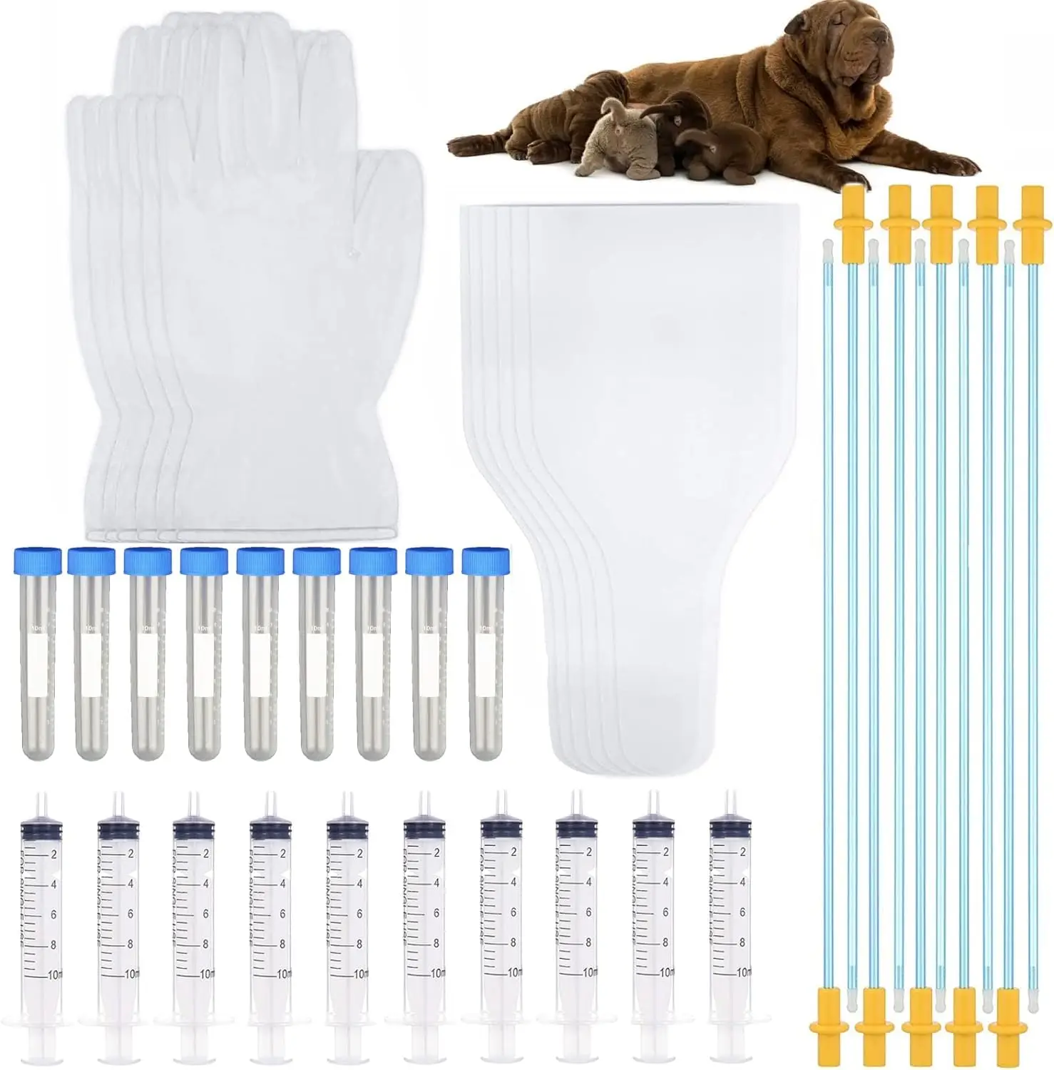 Dog Artificial Insemination Kit 10 Pack 27.5cm PVC Catheter Set with Syringes Bags Gloves for Small Medium Dogs Livestock