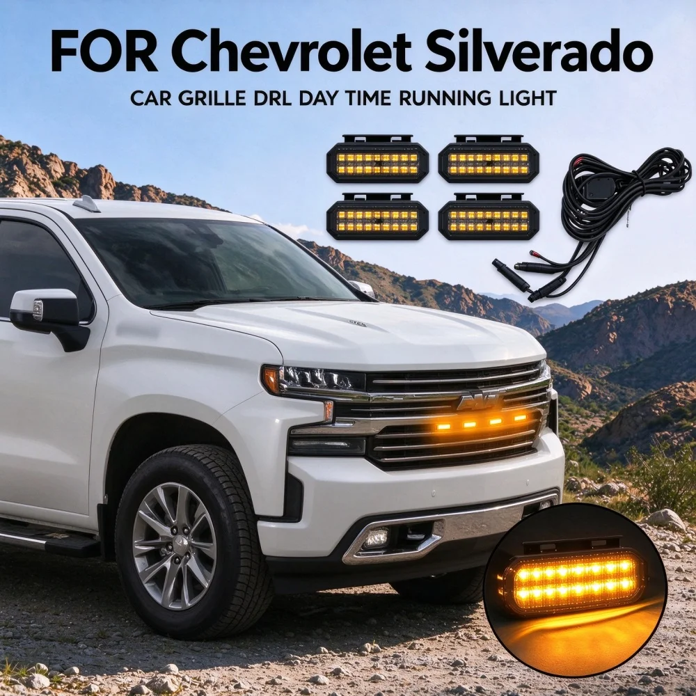 For Chevrolet Silverado Truck LED Amber Front Grille Marker Lights Waterproof Raptor Style Grill Warning Lamp Accessories