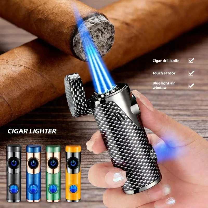 Creative Three Jet Windproof Blue Flame Butane Gas Torch Lighter Visible Gas Blue Light Window Portable Cigar Electric Lighters