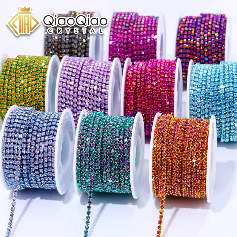 QIAO 10Colors Magic Volcano 5yd 10yd/roll Rhinestones Trim Cup Chain Strass Decorative Applique Crystal Trimmings For Needlework