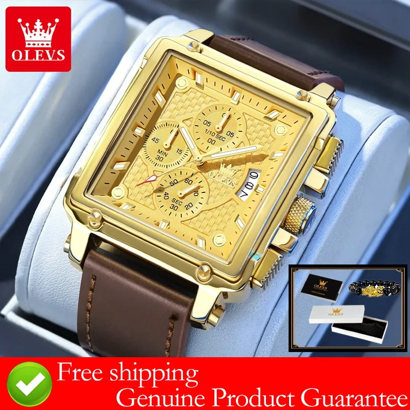 OLEVS Brand Mens Watches Waterproof Leather Strap Chronograph Quartz Watch for Man Date Gold Square Dial Genuine Male Wristwatch