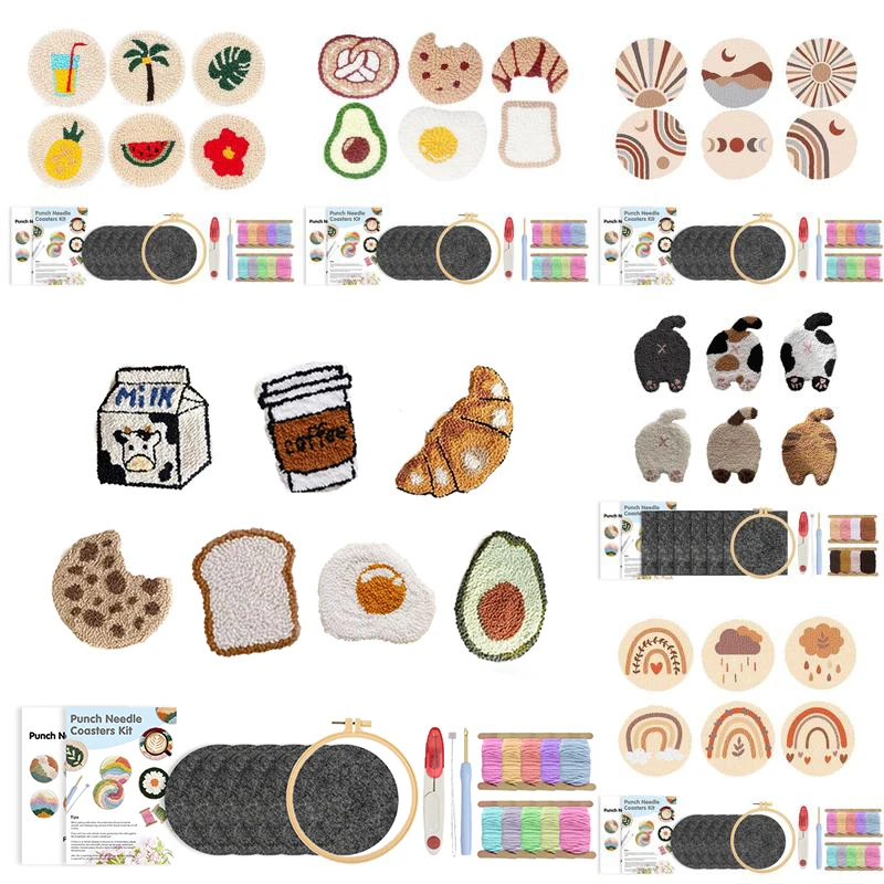 GATYZTORY Punch Needle Coaster Kit Easy Art Coasters Kits for Beginners DIY Tufted Rug Pads with Adhesive Felt Yarns Embroidery