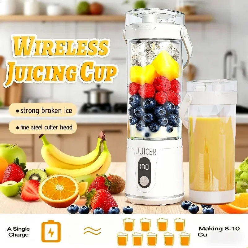 Portable Juicer Cup 12 Blades 600ML for Shakes Smoothies Rechargeable USB Traveling Fruit Juicer Double Cup Fruit Blender