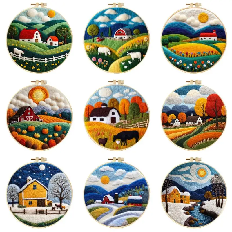 CHENISTORY House Scenery Painting Kit Funny Wool Needle Felt Picture Handmade Wool Needle Painting For Adults DIY Home Decor