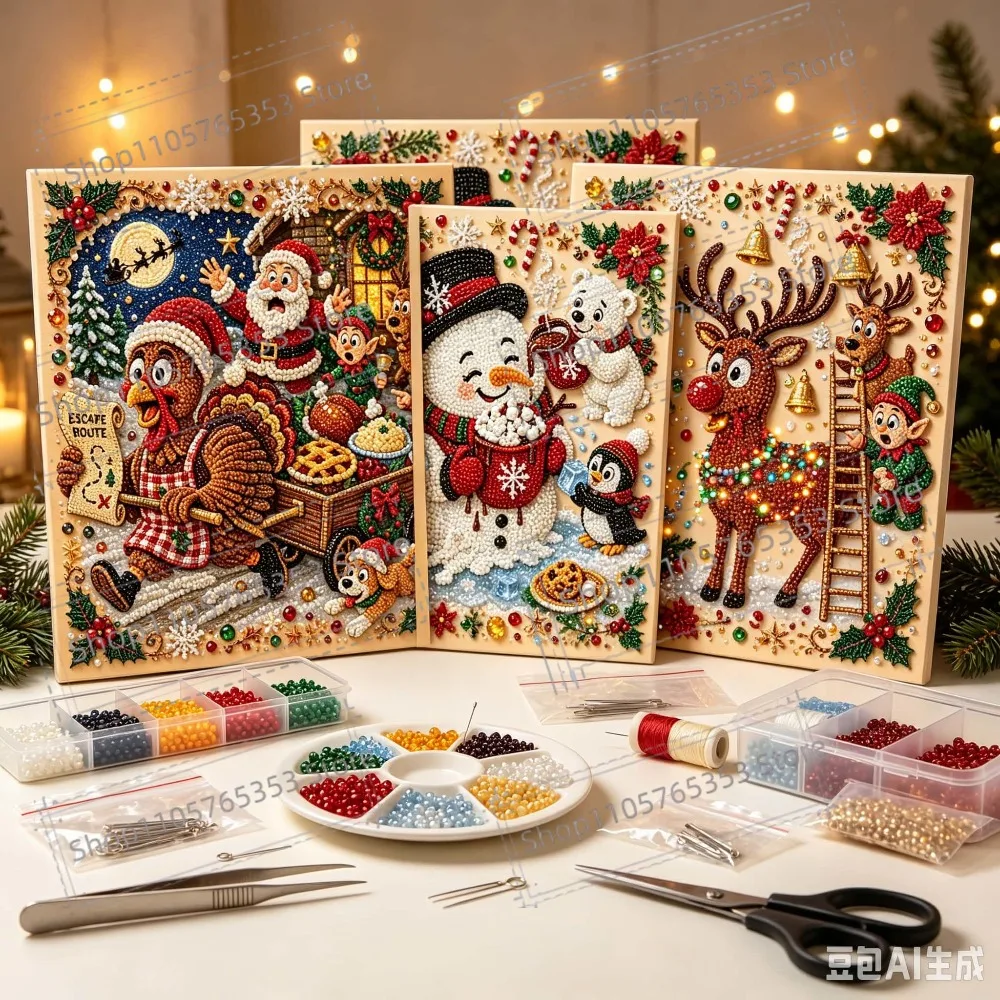 New Christmas Pearl Diamond Painting Art Kit DIY House Gemstone Diamond Dots Beads Craft Set Wall Decor Handmade Gift